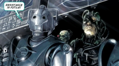 A comic panel with a Cyberman saying &quot;Resistance is futile!&quot; next to some Borg.