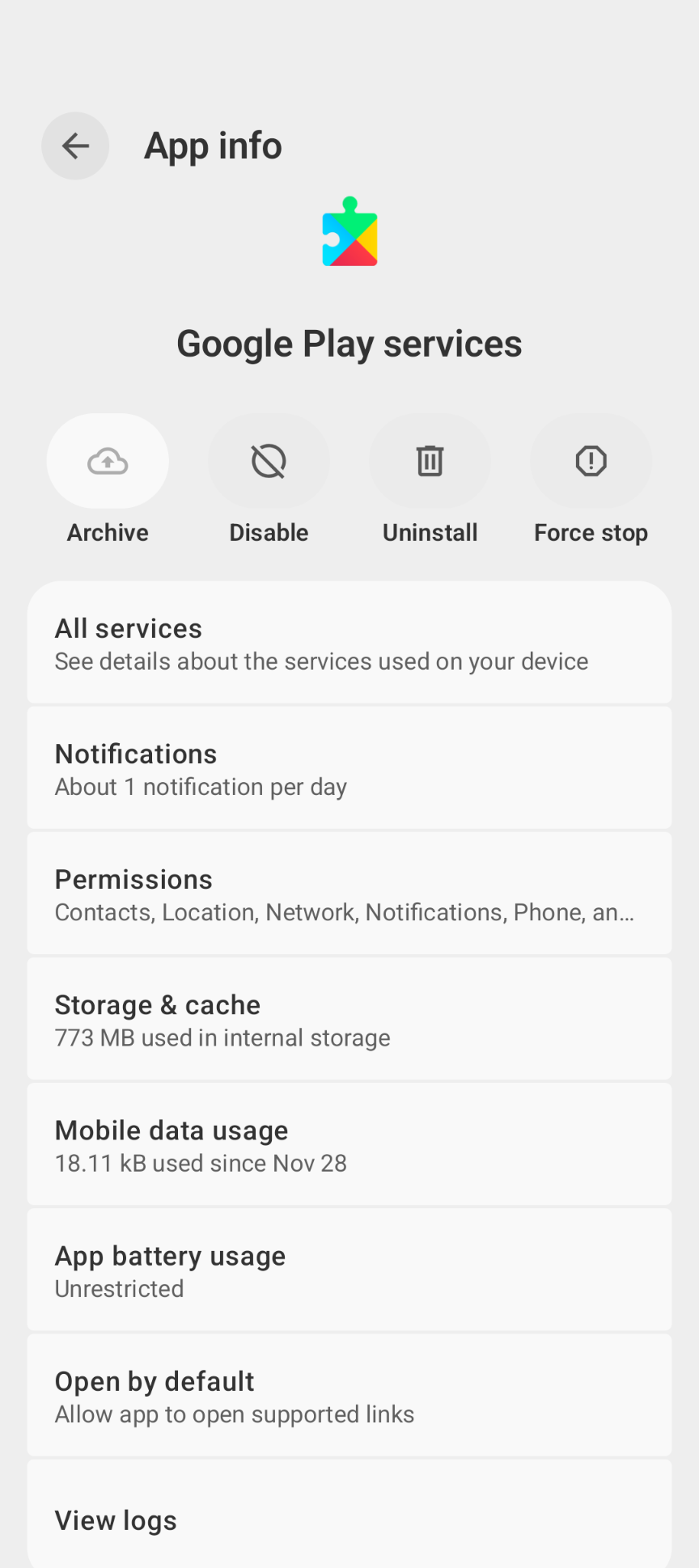 Google Play Services, showing unrestricted battery use